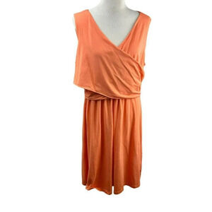 Lands' End Faux Wrap Dress Women 1X A Line Sleeveless Pima Cotton‎ Orange Coral